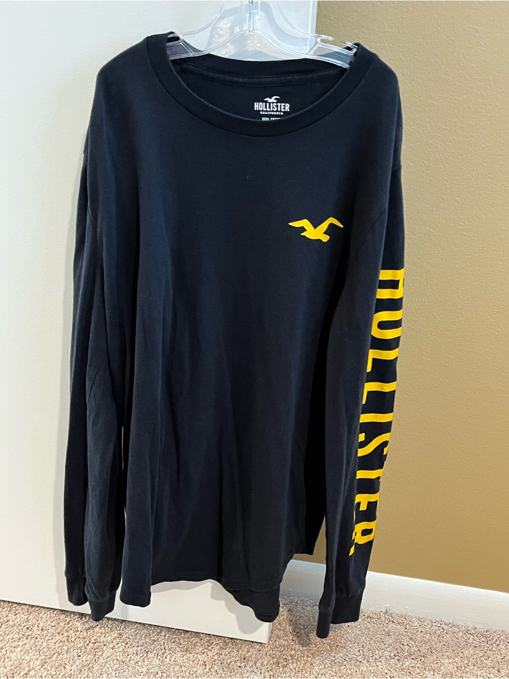 Hollister Black Small Long-Sleeve Tee with Yellow Logo and Sleeve Script